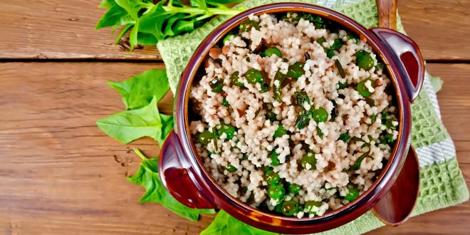 a bowl of quinoa and spinach