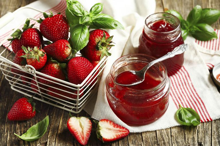 Strawberry Jam with Thai Herbs Fresh strawberries and basil leaves