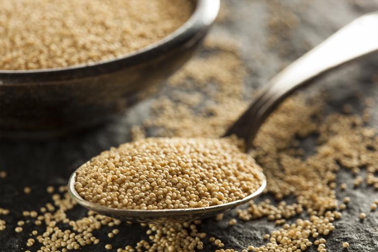Amaranth Salad a spoonful of raw amaranth and a bowl of the ancient grain