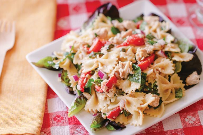 Tuna-Pasta Salad a plate of pasta with tuna and vegetables
