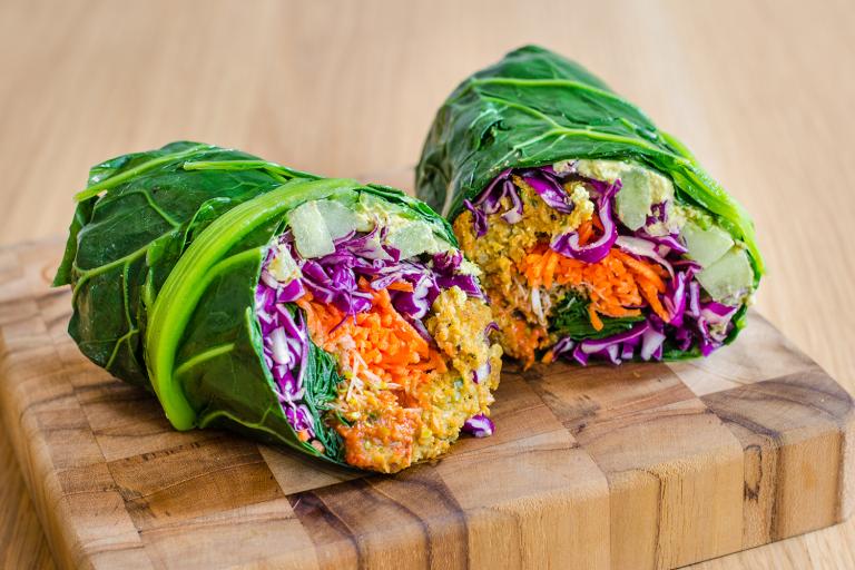 Spicy Thai Vegetable Wraps prepared vegetables wrapped in collard greens